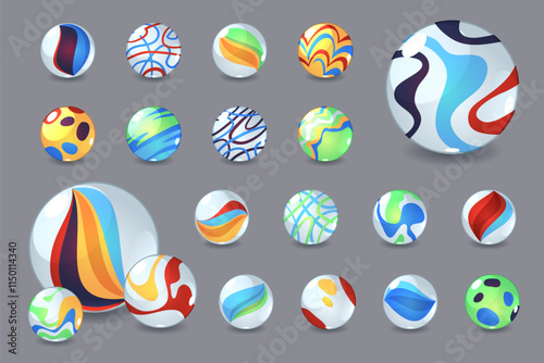 Marbles balls. Glossy transparent spheres with unique patterns inside, shiny glass color toys, different abstract rainbow ornaments, kids game, isolated compositions, tidy vector icon set