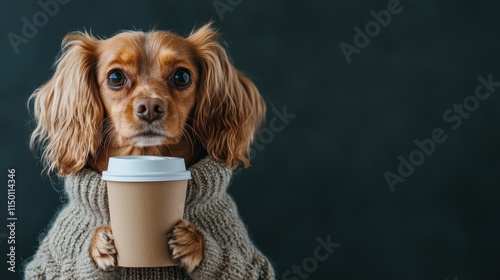 A small brown dog wearing a cozy knit sweater holds a coffee cup against a plain background, embodying warmth, comfort, and companionship. photo