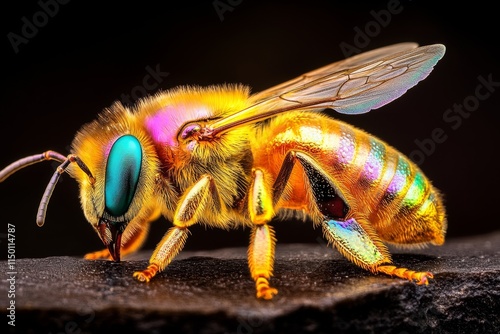 A genetically modified honeybee with iridescent wings, collecting nectar from a brightly colored, bioengineered flower