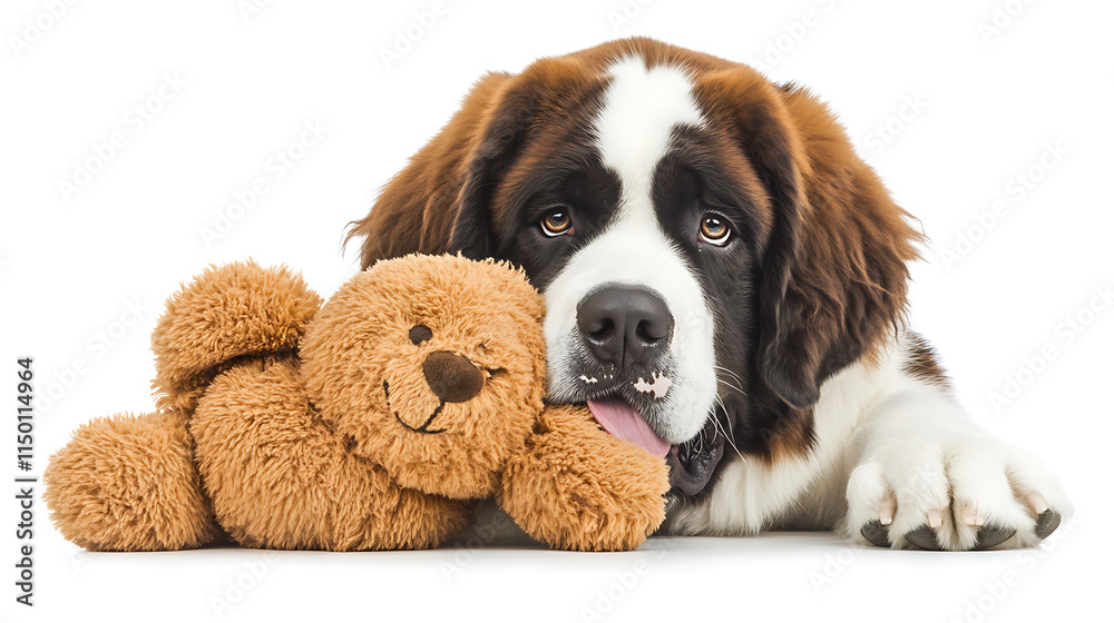 gentle Saint Bernard dog rests with soft plush toy, showcasing playful and affectionate demeanor. This adorable scene captures bond between pets and their favorite toys gentle Saint Bernard dog rests with soft plush toy, showcasing playful and affectionate demeanor. This adorable scene captures bond between pets and their favorite toys