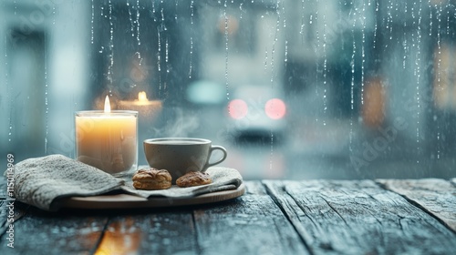 A warm and inviting scene featuring a steaming cup of coffee, a lit candle, and pastries on a wooden table, contrasting the rainy window backdrop, conveying coziness. photo