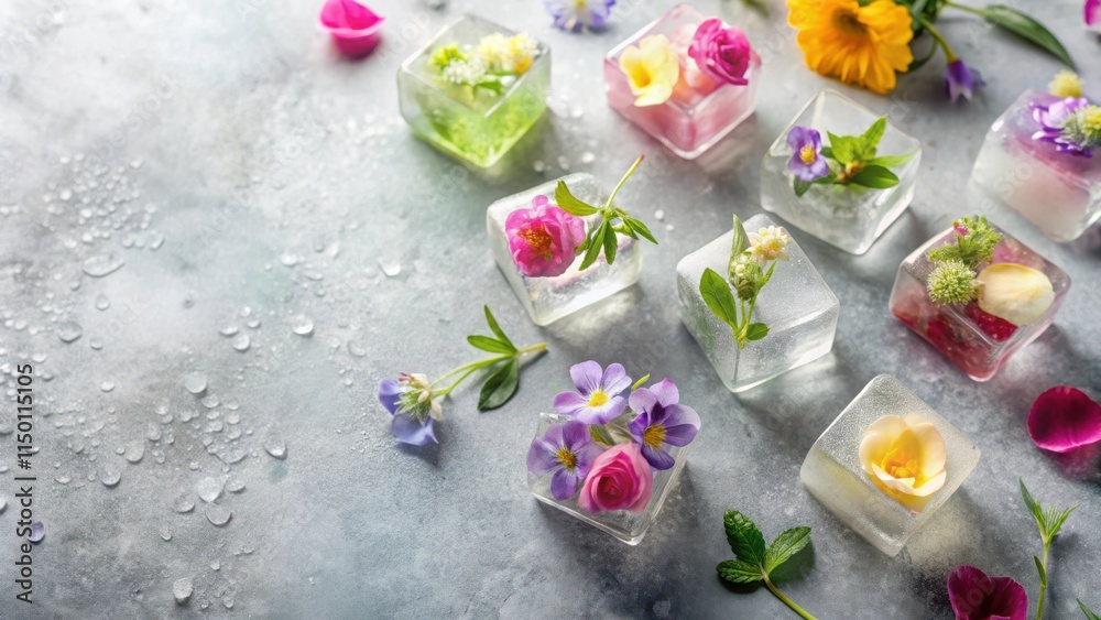 Floral Ice Cubes A Delicate Arrangement of Frozen Blossoms and Fragrant Greenery Floral Ice Cubes A Delicate Arrangement of Frozen Blossoms and Fragrant Greenery