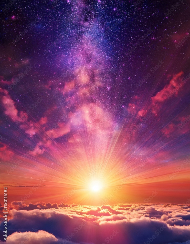 Fototapeta premium Generated image Vibrant sunrise scene with large, orange sun emerging from behind fluffy cloud