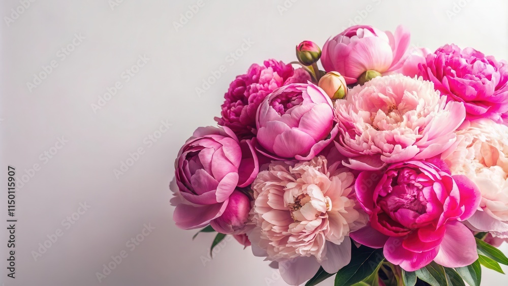 Fototapeta premium A vibrant bouquet of pink peonies, their delicate petals unfurling in a symphony of color against a soft, white backdrop.