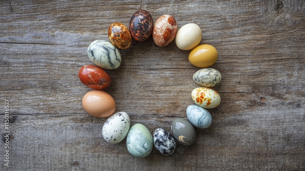 Obraz premium Colorful Decorative Eggs Arranged in a Circular Pattern on Wood