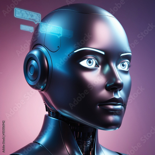 A sleek humanoid robot head with a polished metallic surface and glowing eyes photo