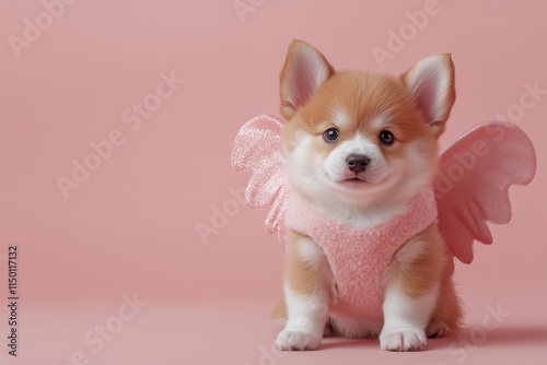 Cute puppy dressed as a cupid with playful wings on soft pastel background, perfect for Valentine's Day themes and pet care promotions. Lovely puppy wears a charming cupid costume with sparkling wings photo