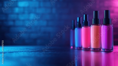 A row of colorful glass bottles glows beautifully under neon lights, creating a dreamy and artistic atmosphere with futuristic appeal and creative expression. photo