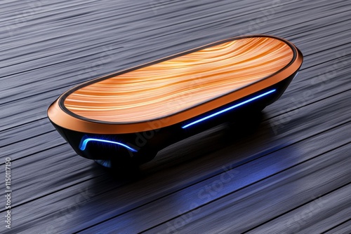 A glowing hoverboard speeding across a sleek urban environment, with trails of light left in its path photo