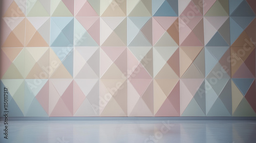 Pastel Geometric Wall Design: Modern Interior with Triangle Pattern and Reflective Floor