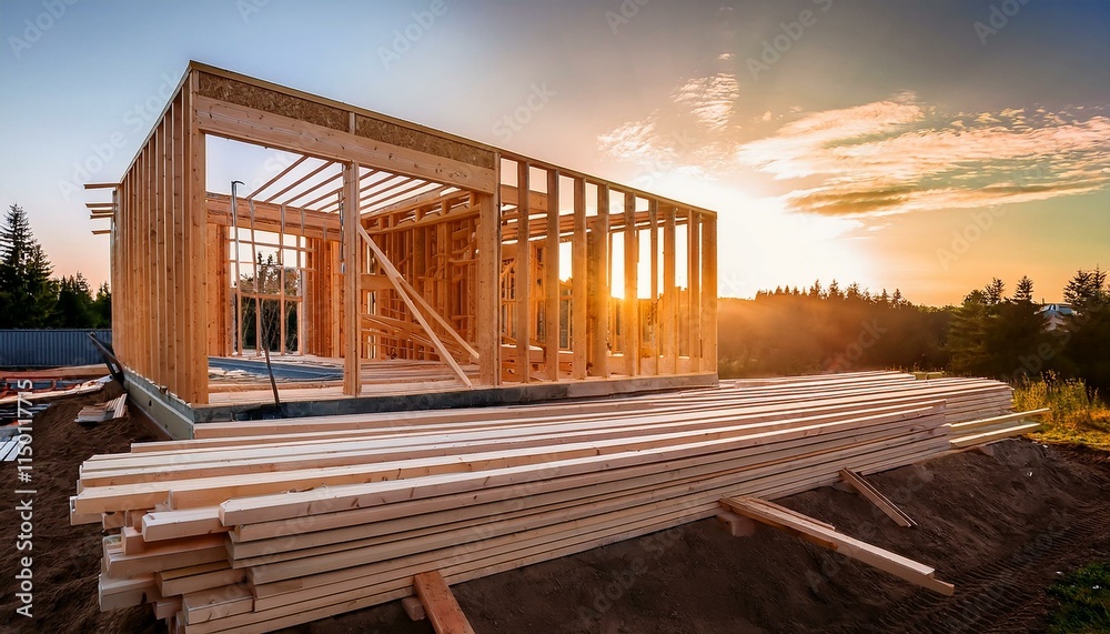 Fototapeta premium Generated image wooden house frame under construction at sunset with insulated lumber in foreground