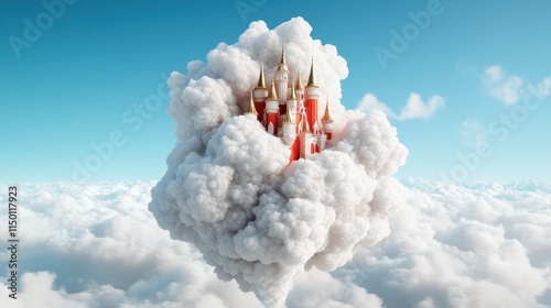 An enchanting fantasy castle floats among fluffy white clouds in a bright blue sky, portraying a fairy tale realm suspended in a dreamlike atmosphere high above the earth. photo