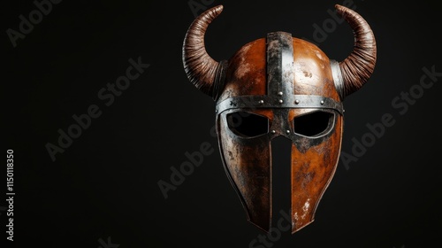 A brown Viking helmet featuring a rustic metal design with distinctive horns, set against a black background highlighting its historical Viking craftsmanship. photo