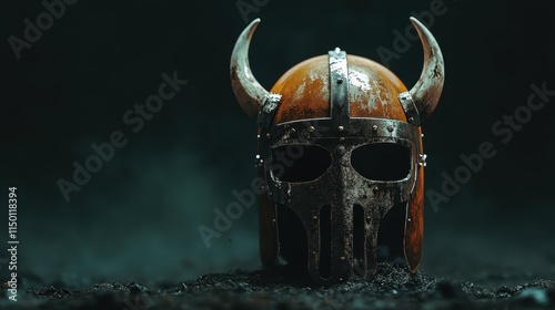 A Viking helmet with horns showcased against a foggy, mysterious backdrop. The rustic design highlights the ancient Viking culture and warrior spirit. photo