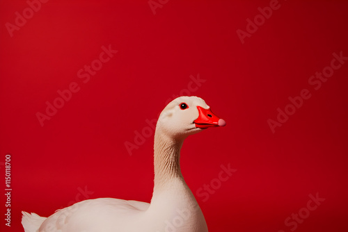 A goose with a red nose against a festive red background, resembling Rudolph, evoking Christmas and holiday cheer photo