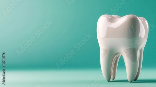 An artistic single glossy white tooth sculpture poised elegantly against a vivid turquoise backdrop, symbolizing minimalist design and dental health awareness. photo