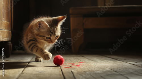 Curious Kitten's Playful Encounter with Red Ball on Sunlit Wooden Floor