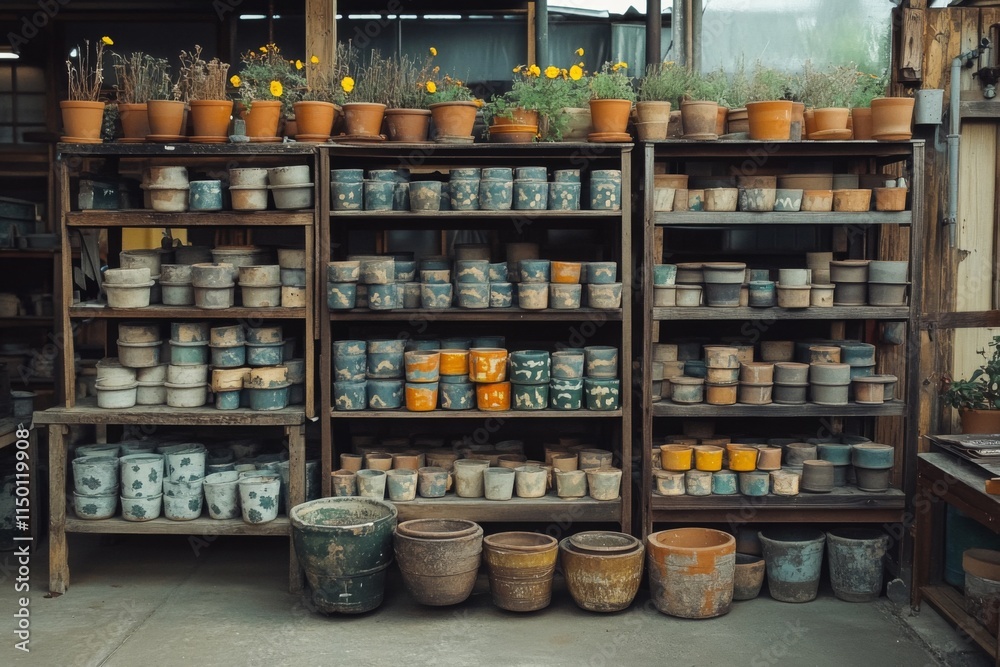 Well-stocked rustic shop shelves with jars Well-stocked rustic shop shelves with jars