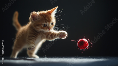 Playful Ginger Kitten Leaping for Red Yarn Ball: Feline Curiosity in Action