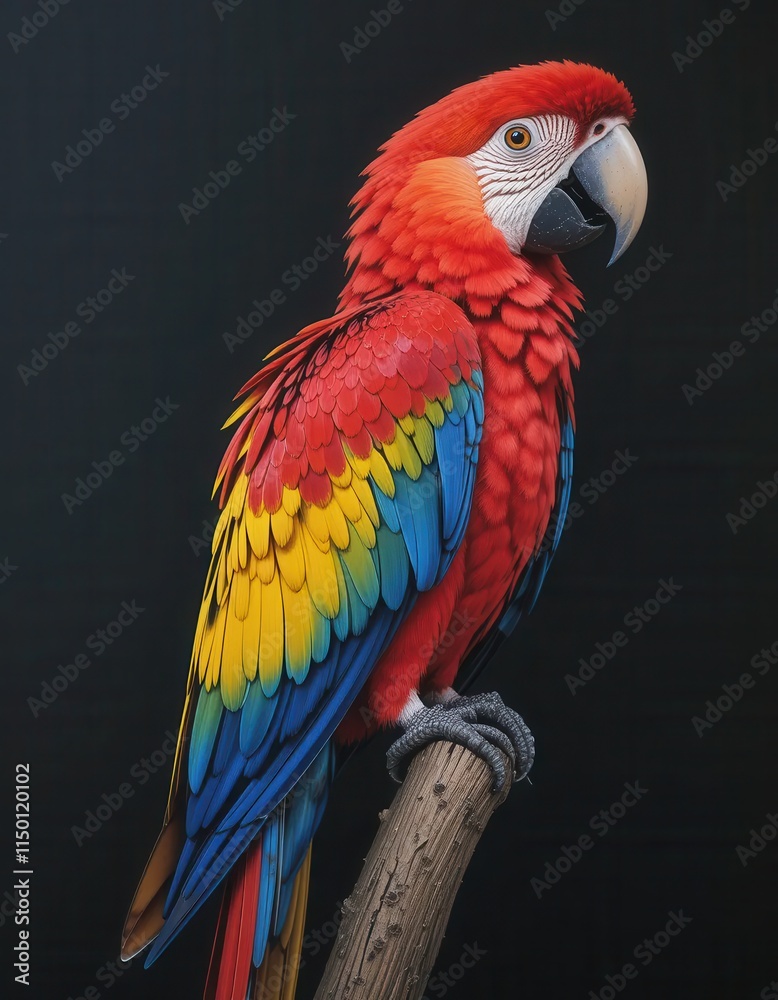 Obraz premium Vibrant Macaw Perched on a Branch Against a Black Background