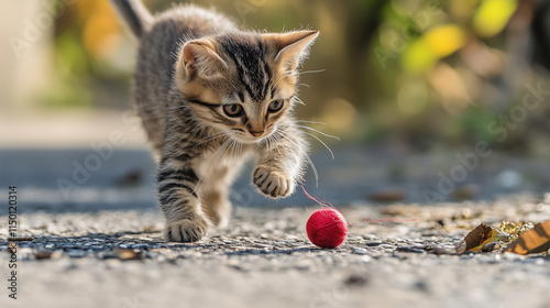 Playful Kitten Chases Red Ball: Adorable Feline Adventure on Textured Ground