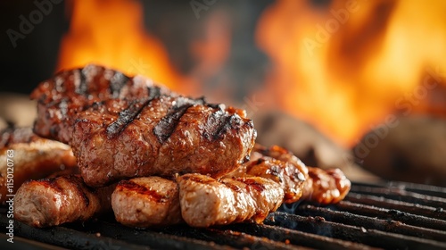 A lively barbecue scene with sizzling sausages and steaks, capturing the essence of outdoor grilling with hot flames and smoky aromas tantalizing the senses. photo