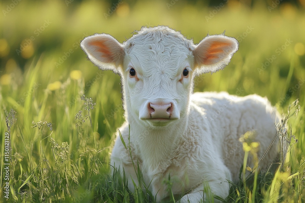 Obraz premium Young calf standing in a green grassy field