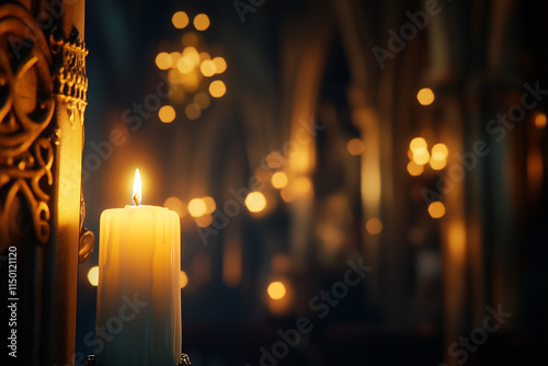 Candlemas, close-up of white candle with small flame flickering in the dim light, background of old church with detailed pillars and ornaments, Ai generated images