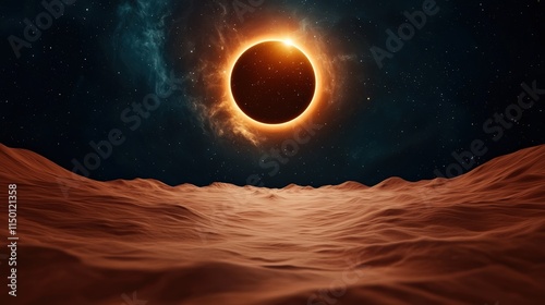A stunning cosmic scene featuring a solar eclipse over a sandy landscape, illuminated by a glowing corona against a starry sky.