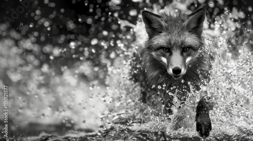 Fox running in water - Monochrome wildlife photo