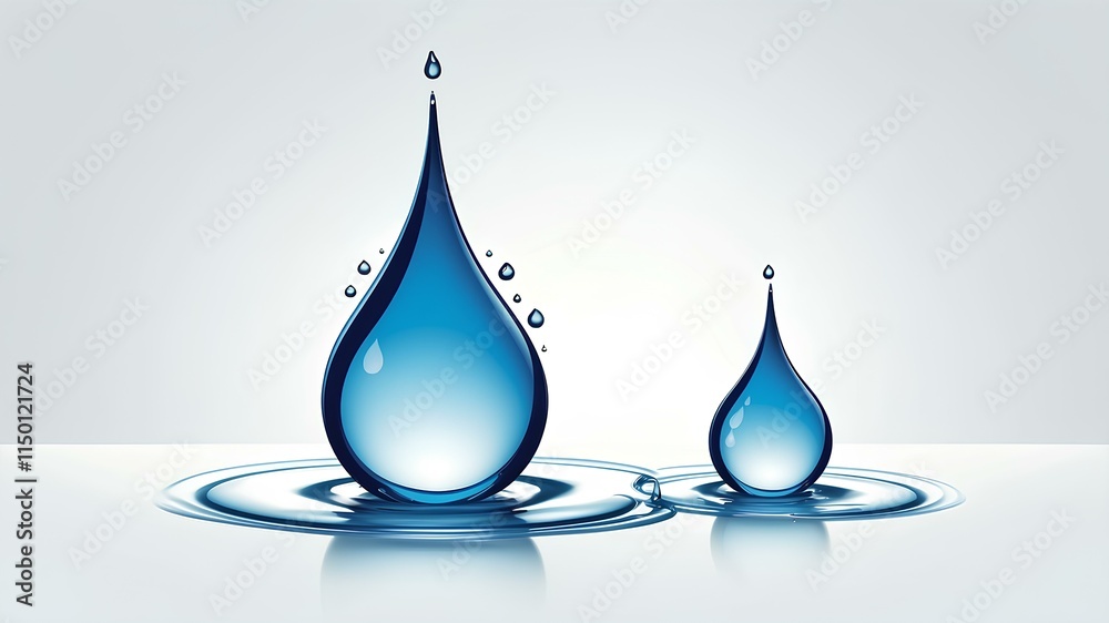 AI generated image of realistic, glossy, blue water drops on a light gray background with smaller drops around them. AI generated image of realistic, glossy, blue water drops on a light gray background with smaller drops around them.