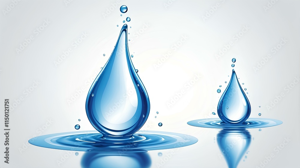 AI generated image of realistic, glossy, blue water drops on a light gray background with smaller drops around them. AI generated image of realistic, glossy, blue water drops on a light gray background with smaller drops around them.