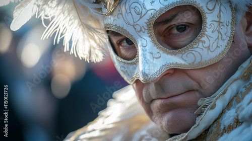 Carnival of Binche, close-up of Gilles with the typical white mask and large feather decoration, serious face in the blurred background of the festive parade, Ai generated images photo