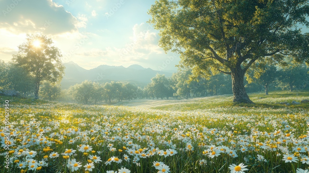 Obraz premium Sunlit daisy field, trees, mountains, idyllic scene.