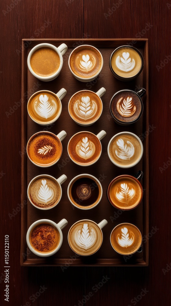 A stunning array of coffee cups arranged on a wooden tray, each featuring unique and intricate latte art. The warm colors and textures create an inviting and artistic vibe at the cafe A stunning array of coffee cups arranged on a wooden tray, each featuring unique and intricate latte art. The warm colors and textures create an inviting and artistic vibe at the cafe