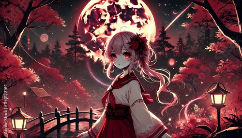 cute anime girl on the background of the moon and forest, anime wallpaper, illustration
