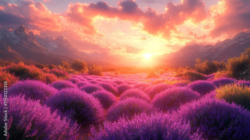 Sunset, lavender field, majestic mountains. Sunset, lavender field, majestic mountains.