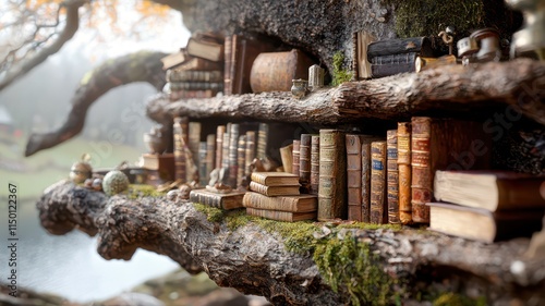 Artistic tree-shaped bookshelf with assorted rustic decor, warm lighting, cozy cottage ambiance, earthy color palette, realistic, close-up view. photo