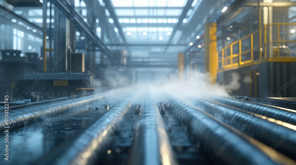 Fototapeta premium A close-up view of industrial pipes with steam rising, set in a spacious factory environment with natural light filtering through large windows.