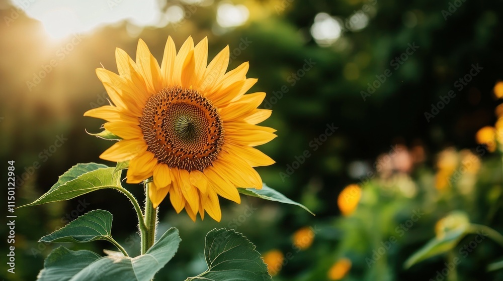 Fototapeta premium Vibrant sunflower in a field at sunset.