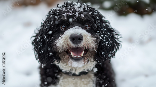 Joyful Curly-Haired Dog Embraces Winter Wonderland with Snow-Covered Smile