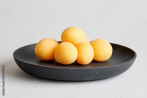 A minimal depiction of gnocchi, each piece identical in size, placed neatly on a blank slate-colored plate