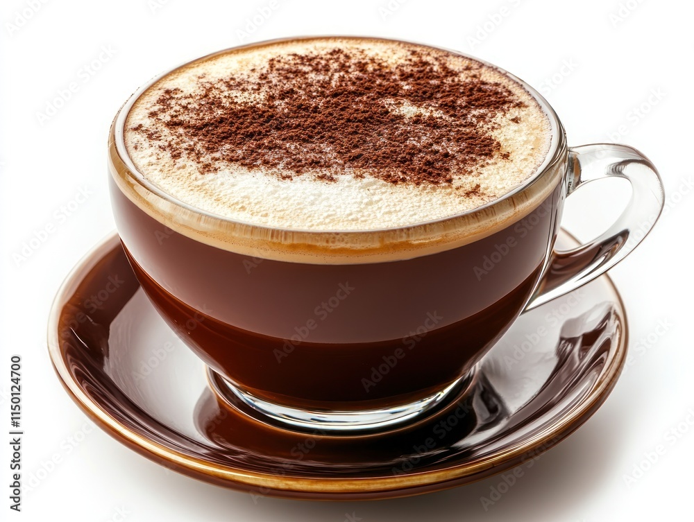 A cup of coffee topped with cocoa powder, served on a saucer. A cup of coffee topped with cocoa powder, served on a saucer.