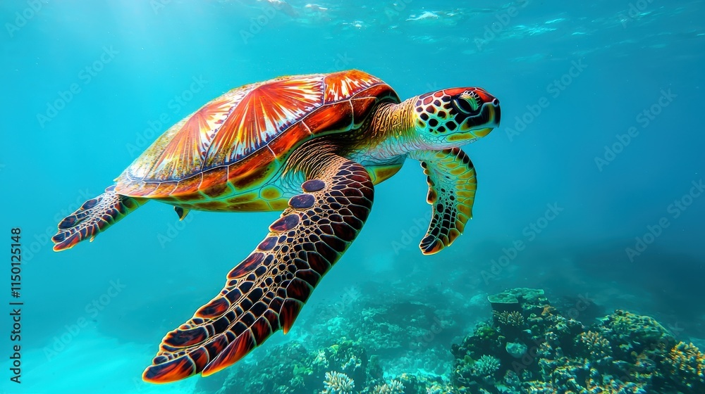Fototapeta premium A vibrant sea turtle swims gracefully through clear blue waters, showcasing its colorful shell against a backdrop of coral reefs.
