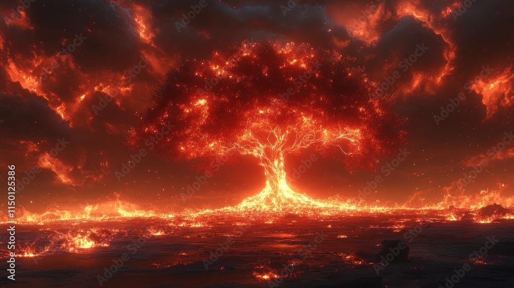 Fototapeta premium A fiery tree made of lava stands against a dramatic, glowing sky.
