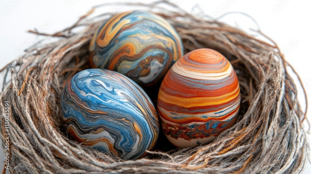 Colorful Swirled Easter Eggs Nestled in Rustic Twine Nest Colorful Swirled Easter Eggs Nestled in Rustic Twine Nest