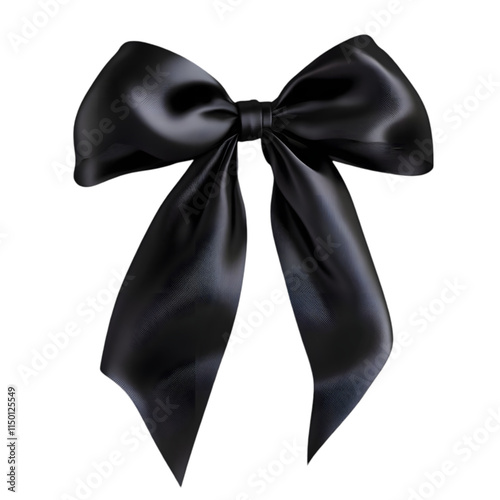 A glossy black ribbon bow, often used for decoration or gift wrapping.