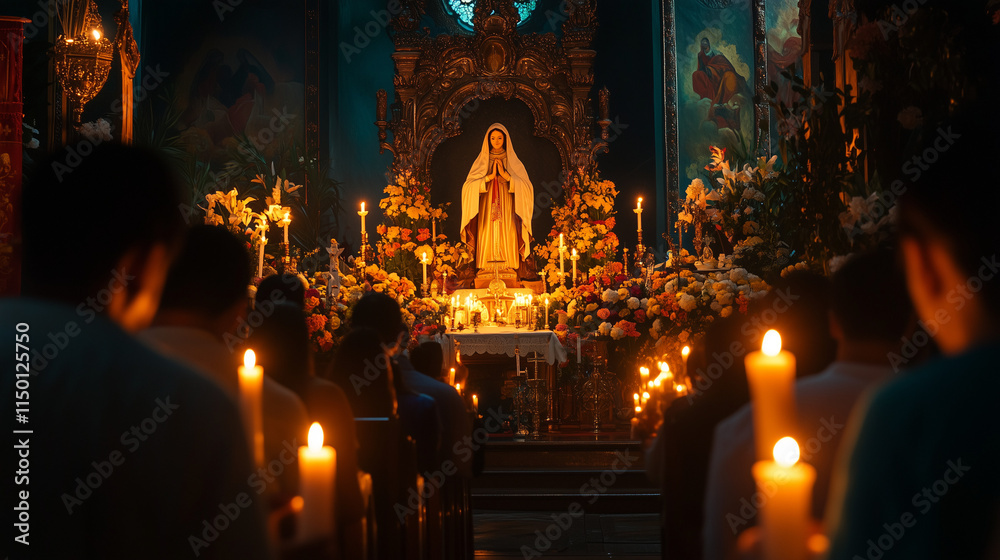 Obraz premium Catholics gather inside the church with a statue of Our Lady of Candelaria in the middle of the altar decorated with burning candles and fresh flowers, Ai generated images