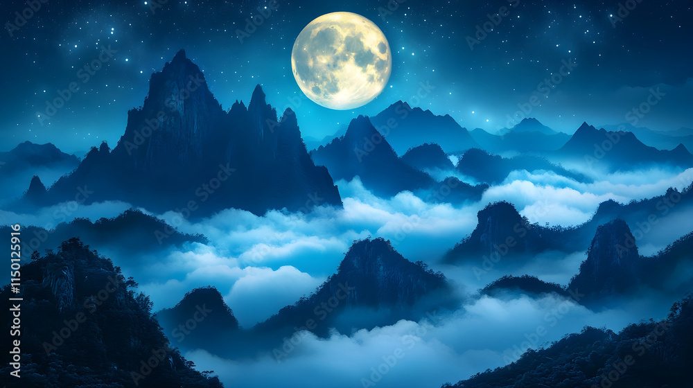 Surreal mountain peaks surrounded by soft glowing fog and illuminated by a radiant full moon casting a mystical light Surreal mountain peaks surrounded by soft glowing fog and illuminated by a radiant full moon casting a mystical light