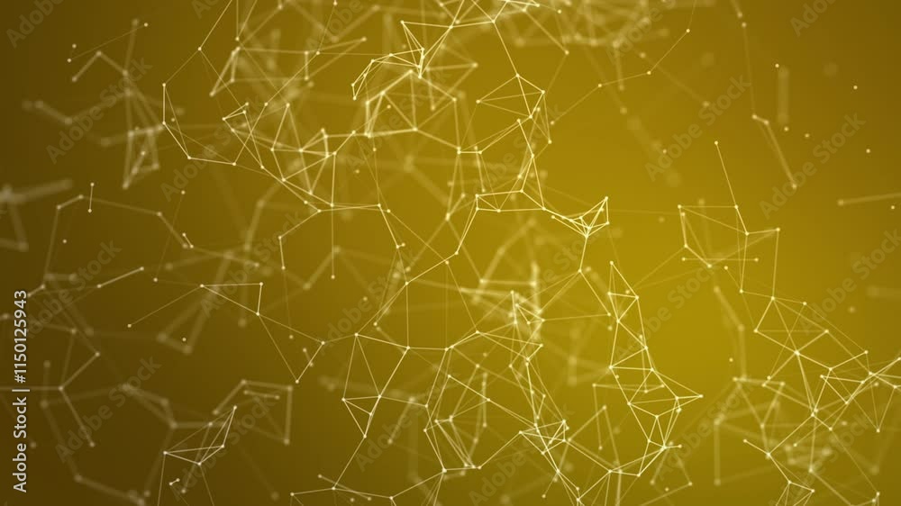 Yellow graphic plexus background with moving lines and dots, abstract futuristic network backdrop. Seamless loop